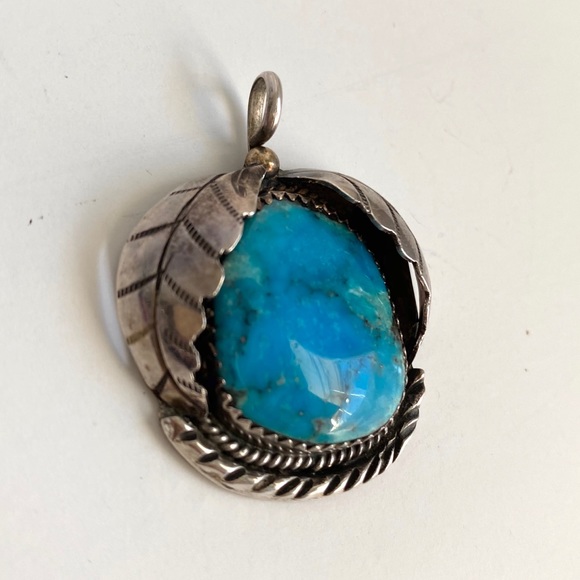 Vintage Turquoise Silver Pendant Necklace Handmade - Picture 2 of 9